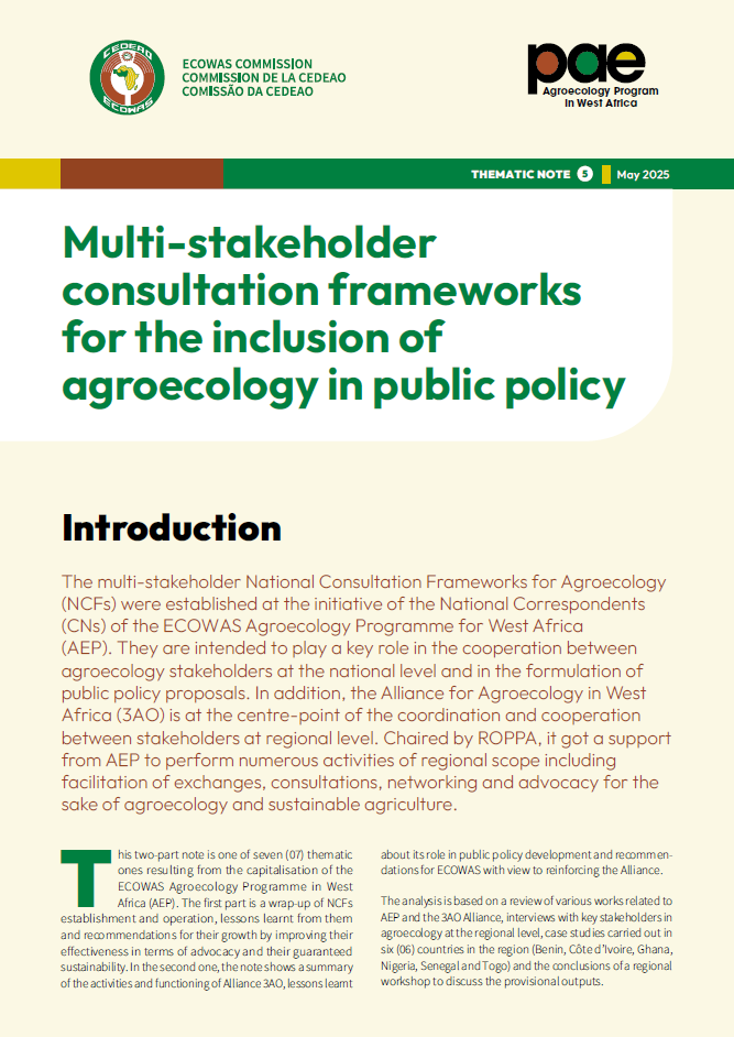 Thematic note PAE 5 - Multi-stakeholder consultation frameworks for the inclusion of agroecology in public policy Thematic note PAE 5 - Multi-stakeholder consultation frameworks for the inclusion of agroecology in public policy